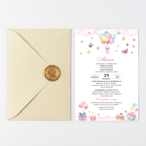 Invitatie Botez Balloon, Hartie Texturata, Plic Cartonat si Sigiliu Ceara Inclus