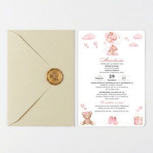 Invitatie Botez My Baby Girl, Hartie Texturata, Plic Cartonat si Sigiliu Ceara Inclus