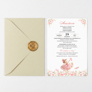 Invitatie Botez Balerina, Hartie Texturata, Plic Cartonat si Sigiliu Ceara Inclus