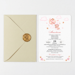 Invitatie Botez Balloon Bouquet Girl, Hartie Texturata, Plic Cartonat si Sigiliu Ceara Inclus