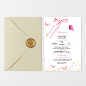 Invitatie Botez Fluturasi si Fundita, Hartie Texturata, Plic Cartonat si Sigiliu Ceara Inclus