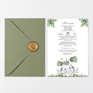 Invitatie Botez Micutul Elefantel, Hartie Texturata, Plic Cartonat si Sigiliu Ceara Inclus