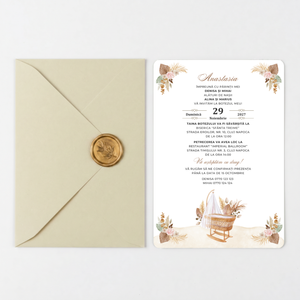 Invitatie Botez Boho, Hartie Texturata, Plic Cartonat si Sigiliu Ceara Inclus
