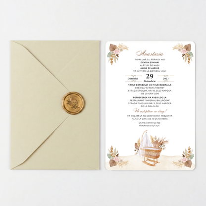 Invitatie Botez Boho, Hartie Texturata, Plic Cartonat si Sigiliu Ceara Inclus