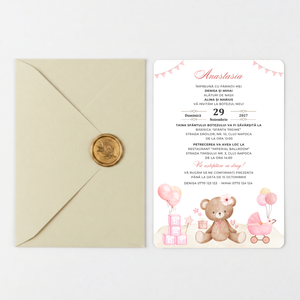 Invitatie Botez Ursuletul Jucaus, Hartie Texturata, Plic Cartonat si Sigiliu Ceara Inclus