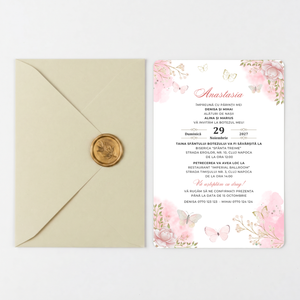 Invitatie Botez Lilibet, Hartie Texturata, Plic Cartonat si Sigiliu Ceara Inclus