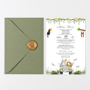 Invitatie Safari Green, Hartie Texturata, Plic Cartonat si Sigiliu Ceara Inclus