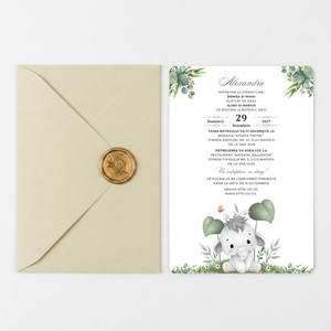 Invitatie Botez Micutul Elefantel, Hartie Texturata, Plic Cartonat si Sigiliu Ceara Inclus