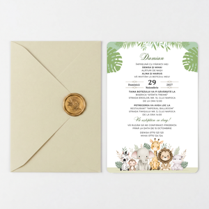 Invitatie Botez Safari Time, Hartie Texturata, Plic Cartonat si Sigiliu Ceara Inclus
