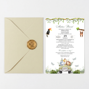 Invitatie Safari Green, Hartie Texturata, Plic Cartonat si Sigiliu Ceara Inclus