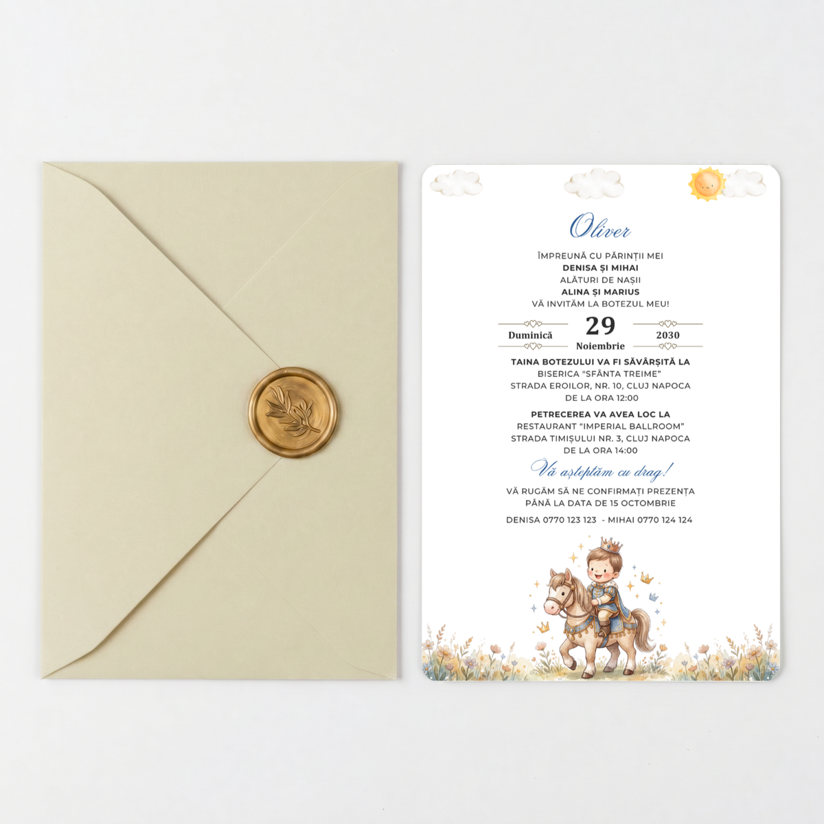 Invitatie Botez Courageous Baby Boy, Hartie Texturata, Plic Cartonat si Sigiliu Ceara Inclus-BalloonEvents.ro