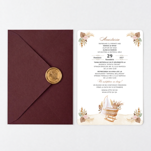 Invitatie Botez Boho, Hartie Texturata, Plic Cartonat si Sigiliu Ceara Inclus