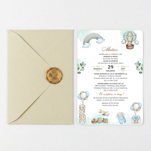 Invitatie Botez Balloon Play, Hartie Texturata, Plic Cartonat si Sigiliu Ceara Inclus