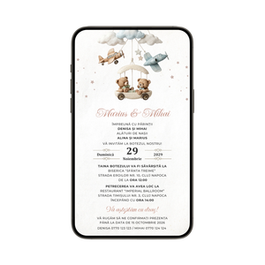 Invitatie Botez Gemeni Baieti, Little Bear Brothers, Format Digital-BalloonEvents.ro
