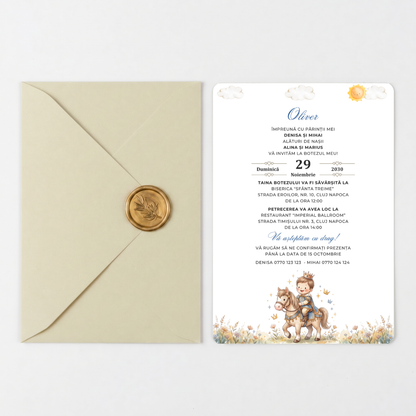 Invitatie Botez Courageous Baby Boy, Hartie Texturata, Plic Cartonat si Sigiliu Ceara Inclus