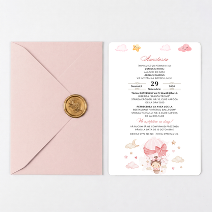 Invitatie Botez Hot Air Balloon Girl, Hartie Texturata, Plic Cartonat si Sigiliu Ceara Inclus
