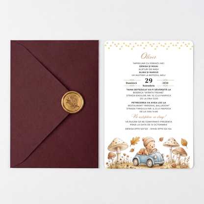 Invitatie Botez My Racing Boy, Hartie Texturata, Plic Cartonat si Sigiliu Ceara Inclus