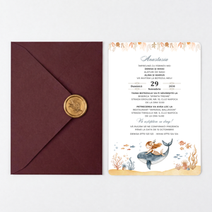 Invitatie Botez Ocean Princess, Hartie Texturata, Plic Cartonat si Sigiliu Ceara Inclus