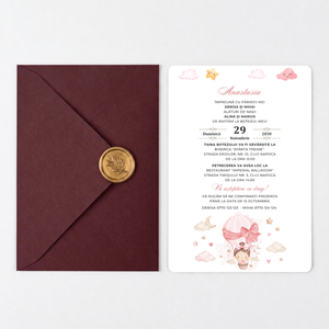 Invitatie Botez Hot Air Balloon Girl, Hartie Texturata, Plic Cartonat si Sigiliu Ceara Inclus