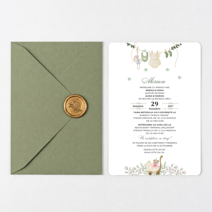 Invitatie Botez Ella, Hartie Texturata, Plic Cartonat si Sigiliu Ceara Inclus