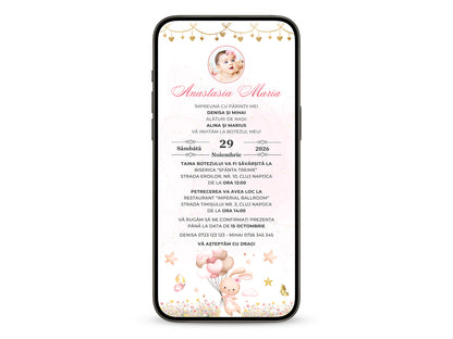 Invitatie Botez Bunny Heart, Format Digital