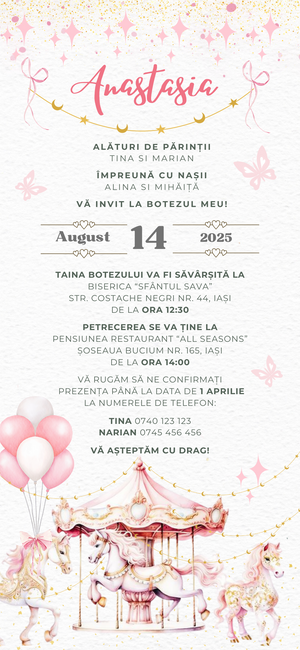 Invitatie Botez, Digitala, Carousel Pink