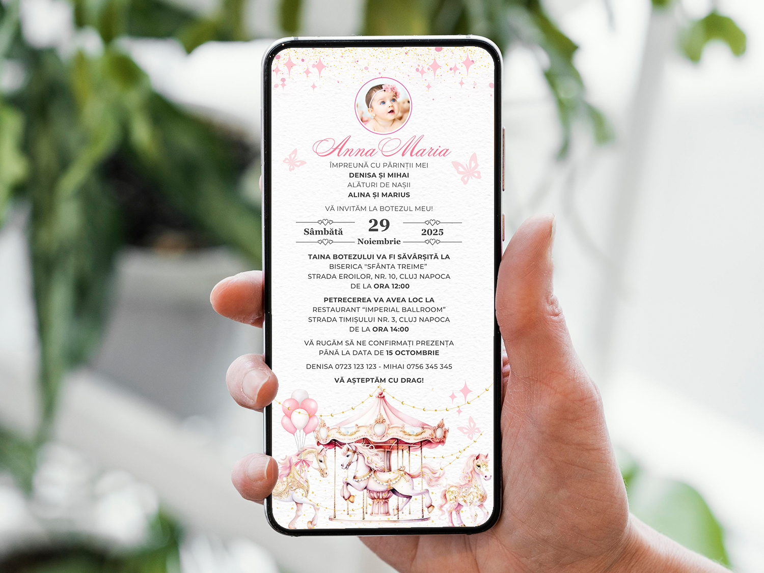 Invitatie Botez Carousel Pink, Format Digital-BalloonEvents.ro