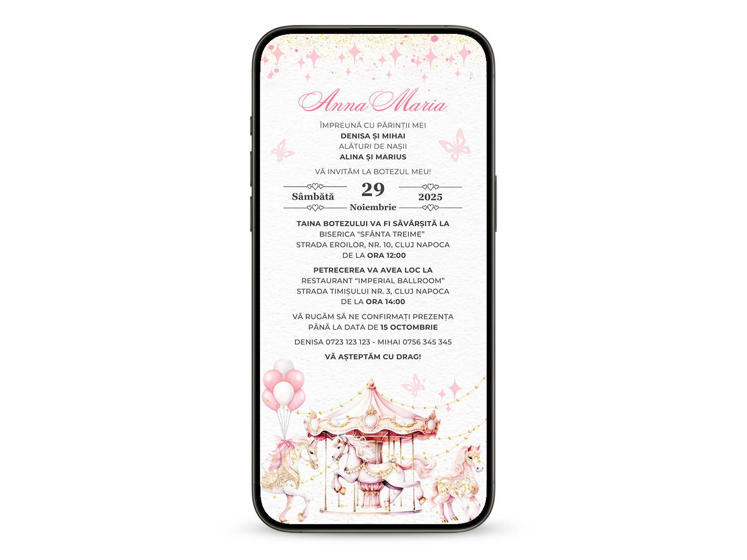 Invitatie Botez Carousel Pink, Format Digital-BalloonEvents.ro