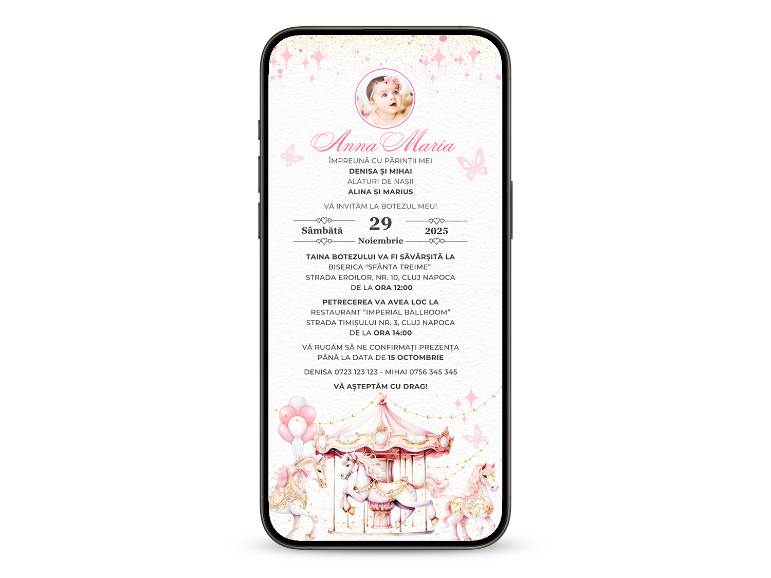 Invitatie Botez Carousel Pink, Format Digital-BalloonEvents.ro