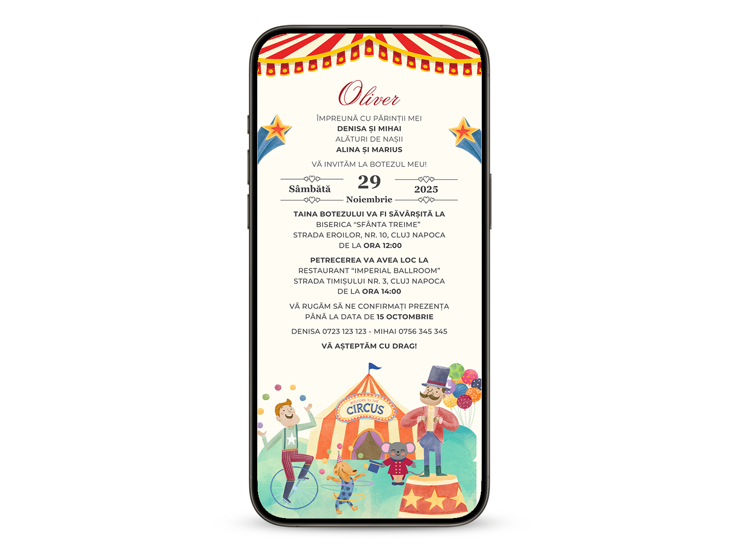 Invitatie Botez Circus, Format Digital-BalloonEvents.ro