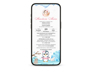 Invitatie Botez Cute Penguin, Format Digital