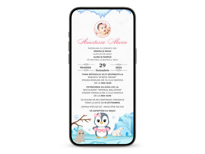 Invitatie Botez Cute Penguin, Format Digital