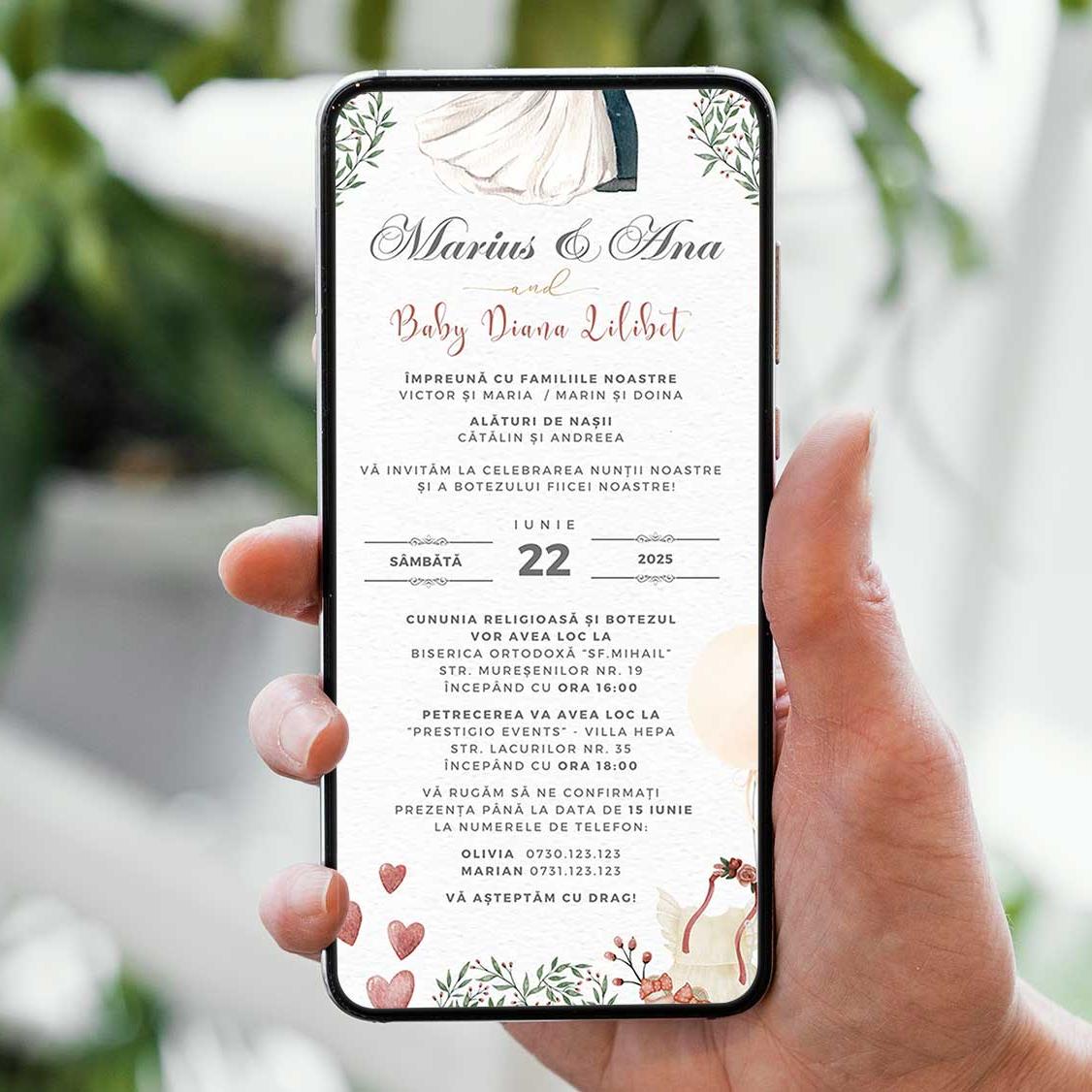 Invitatie 2 In 1 Nunta-Botez Hearts, Format Digitala