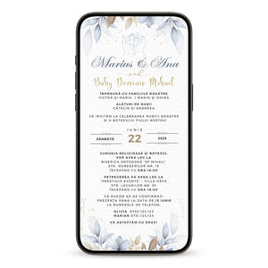Invitatie 2 in 1 Nunta-Botez Blue, Format Digitala-BalloonEvents.ro
