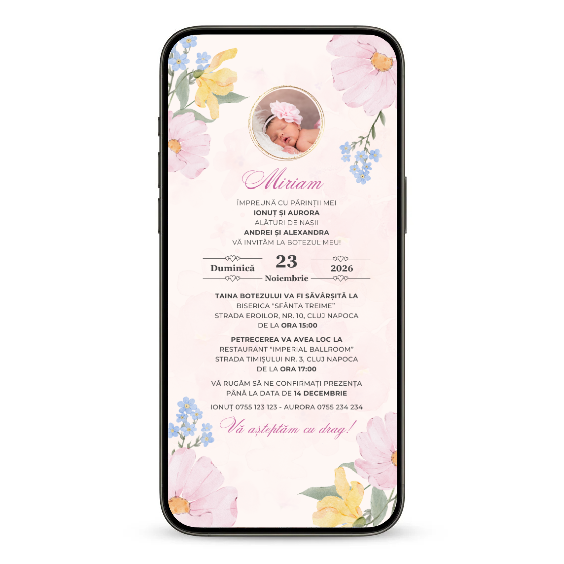 Invitatie Botez Animata GIF, Baby Flower-BalloonEvents.ro