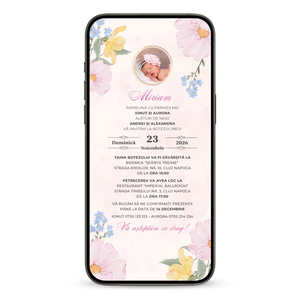 Invitatie Botez Animata GIF, Baby Flower-BalloonEvents.ro