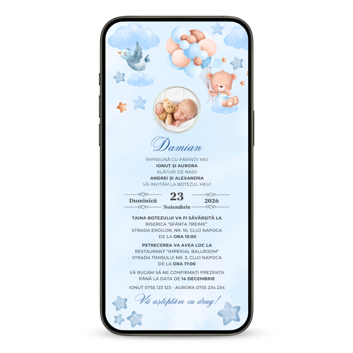 Invitatie Botez Animata GIF, Balloon Bouquet Boy-BalloonEvents.ro