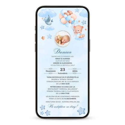 Invitatie Botez Animata GIF, Balloon Bouquet Boy-BalloonEvents.ro