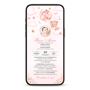 Invitatie Botez Animata GIF, Balloon Bouquet Girl-BalloonEvents.ro