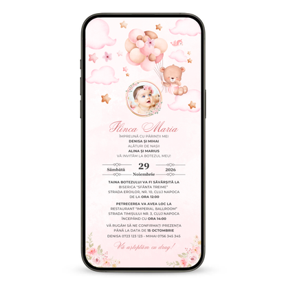 Invitatie Botez Animata GIF, Balloon Bouquet Girl-BalloonEvents.ro