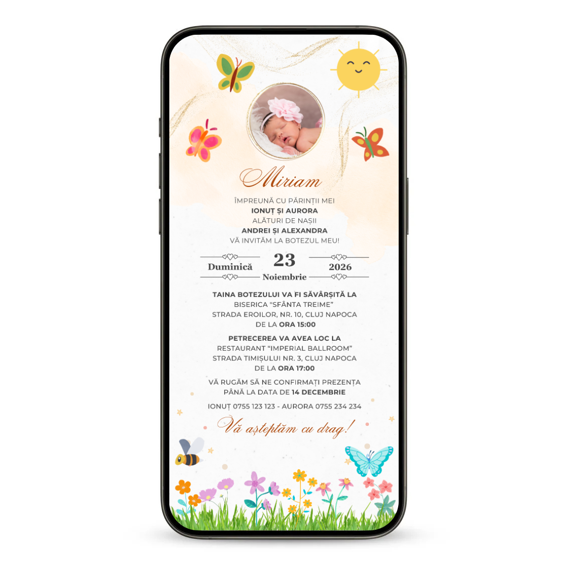 Invitatie Botez Animata GIF, Butterfly Sunshine-BalloonEvents.ro