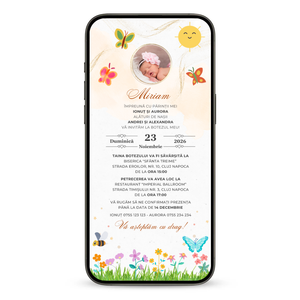 Invitatie Botez Animata GIF, Butterfly Sunshine-BalloonEvents.ro