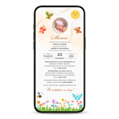 Invitatie Botez Animata GIF, Butterfly Sunshine-BalloonEvents.ro