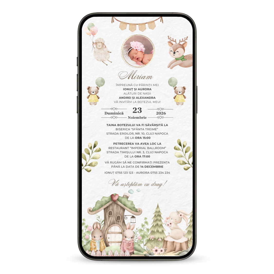 Invitatie Botez Animata GIF, Forest Friends-BalloonEvents.ro