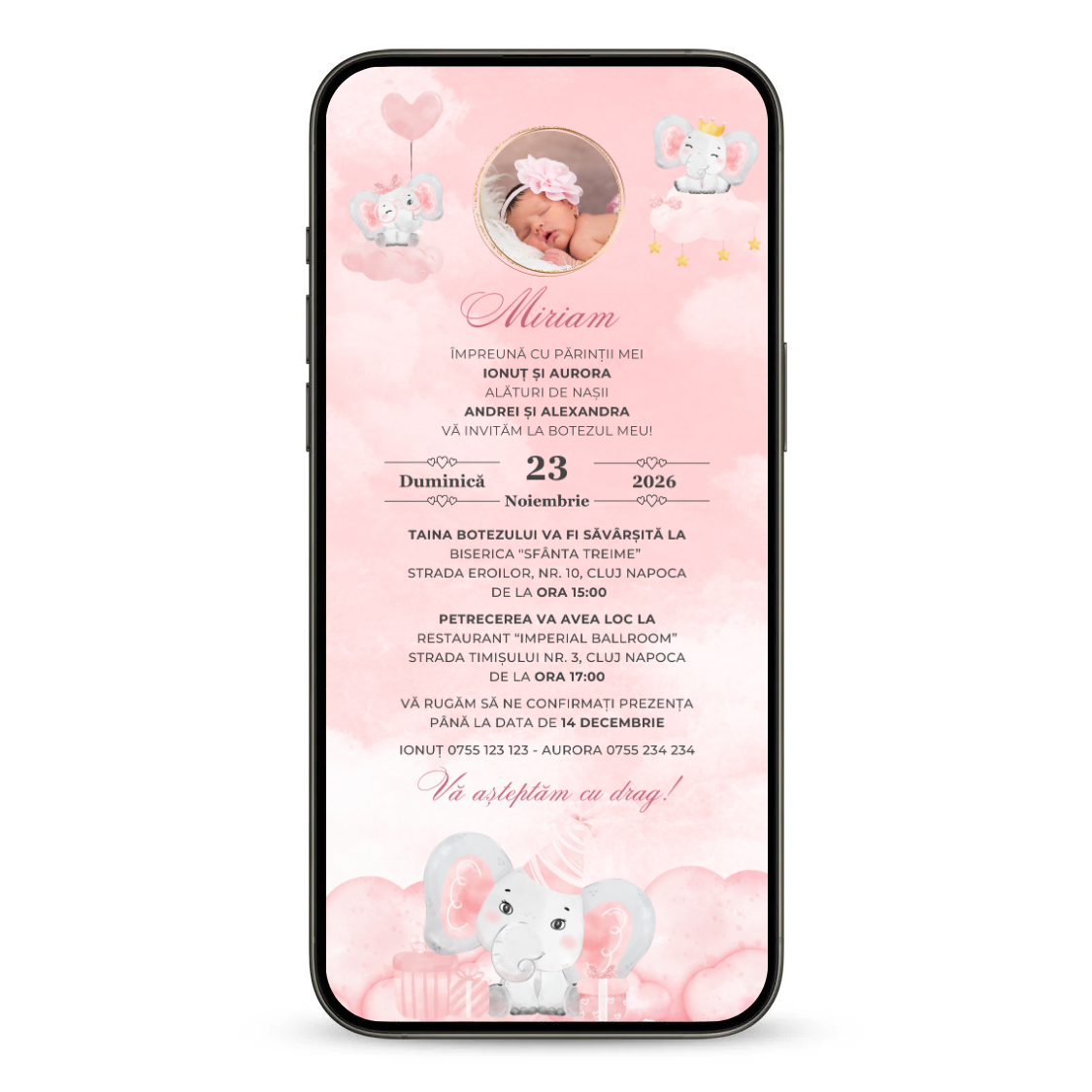 Invitatie Botez Animata GIF, My Baby Elephant-BalloonEvents.ro