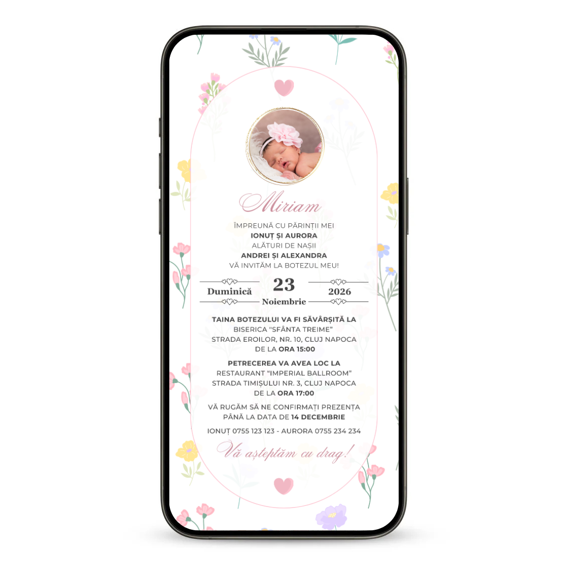 Invitatie Botez Animata GIF, My Baby Flower-BalloonEvents.ro