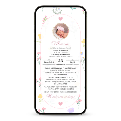 Invitatie Botez Animata GIF, My Baby Flower-BalloonEvents.ro