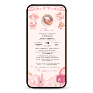 Invitatie Botez Animata GIF, Pink Baby World-BalloonEvents.ro