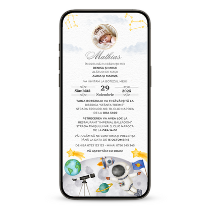 Invitatie Botez Astronaut, Format Digital-BalloonEvents.ro