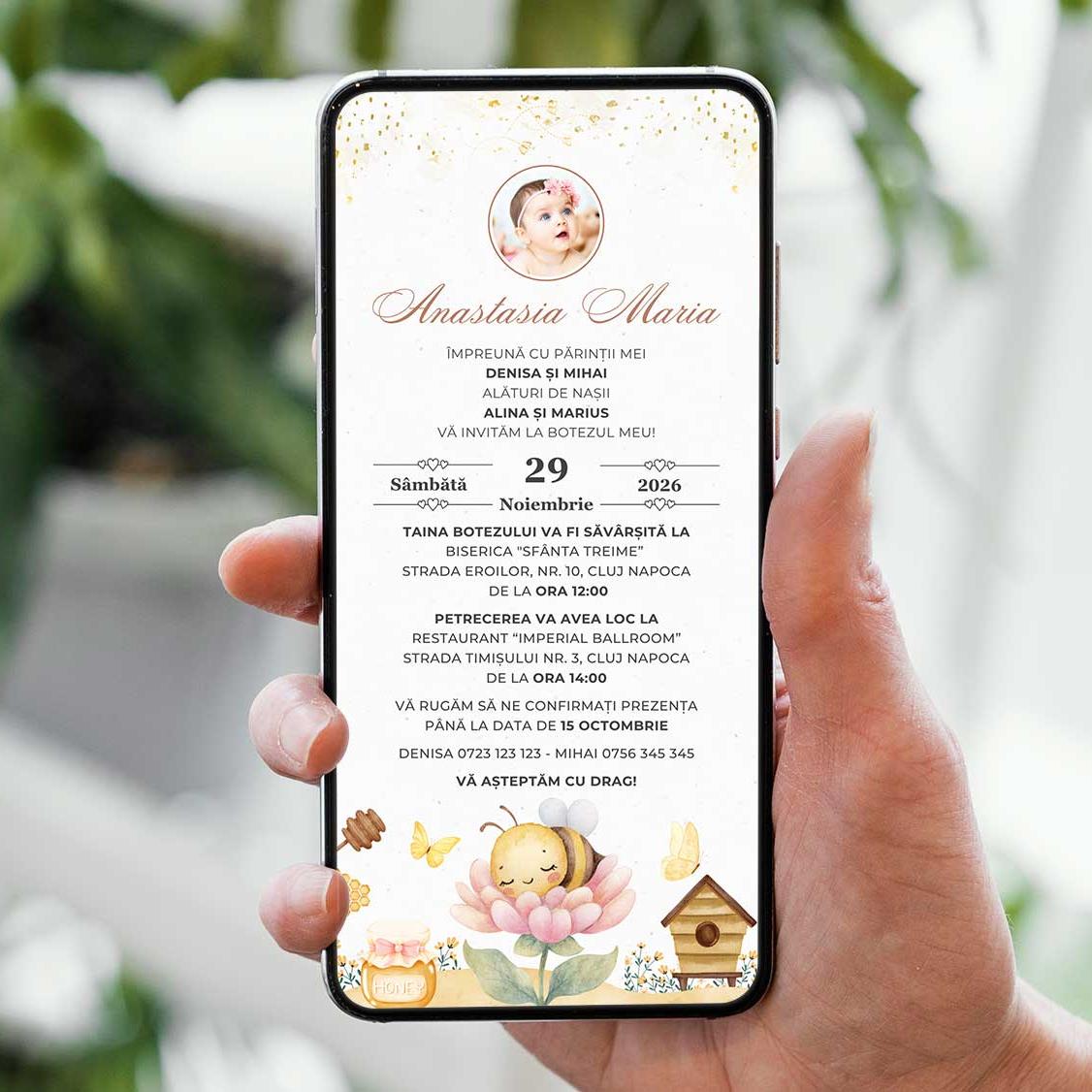 Invitatie Botez Baby Bee, Format Digital-BalloonEvents.ro